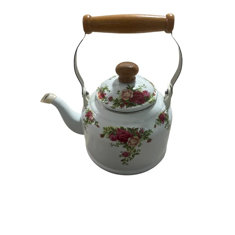 Vintage Royal Albert Tea Kettle White Stovetop Pot Wood Handle Rose Pattern‎